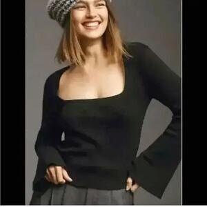 Maeve Anthropologie Square Neck Ribbed Bell Sleeve Sweater Black Medium